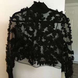 Zara black floral sheer turtleneck top